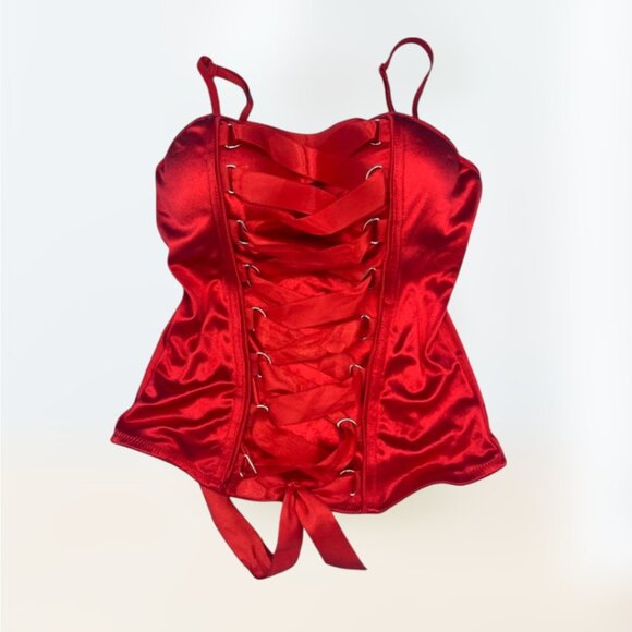 Gothic Bright Red Lace Up Adjustable Padded 3 Hook Corset Women's Size M - Picture 1 of 11